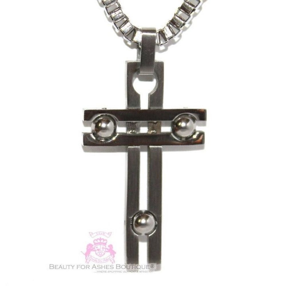 Beauty for Ashes 24" Mens Chain Stainless Steel Necklace Art Deco Cross Necklace